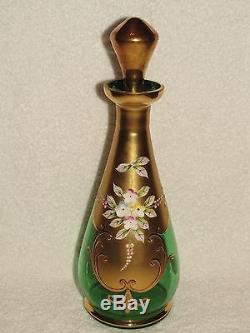 Rare J. F. S Genuine Bohemia Czech Emerald Crystal Decanter Set Heavy Gold Floral