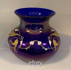 Rare Josephinenhutte Cypern Series Cobalt Iridescent Enameled Glass Vase Ca 1899