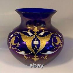 Rare Josephinenhutte Cypern Series Cobalt Iridescent Enameled Glass Vase Ca 1899