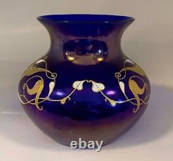 Rare Josephinenhutte Cypern Series Cobalt Iridescent Enameled Glass Vase Ca 1899