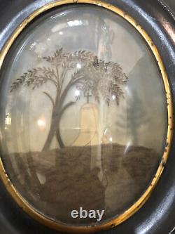 Rare Large Antique French Mourning Hair Art Glass Wooden Frame Tomb Willow c1894