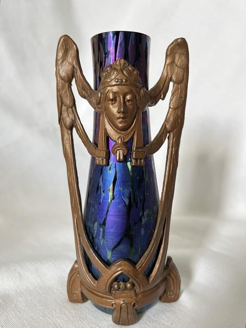 Rare Loetz Art Nouveau Vase With Gilt Bronze, Mount Iridescent Glass, Early 1900s