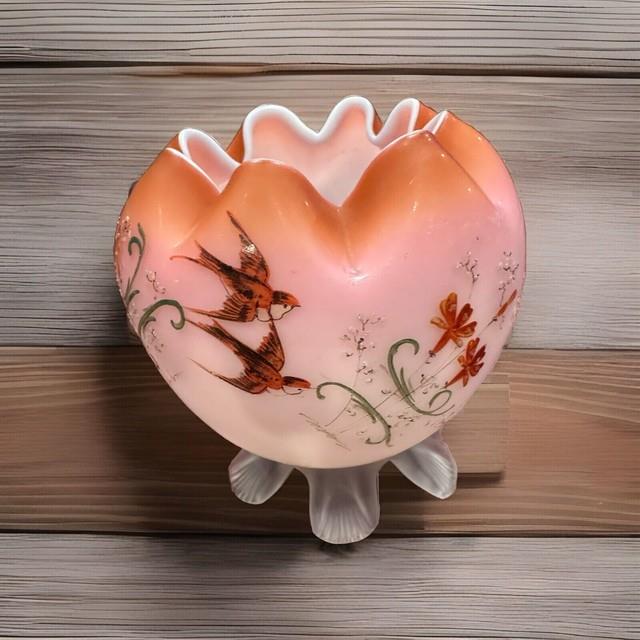 Rare Mt Washington Hand Painted Pink Cased Footed Satin Rose Bowl Glowy 4.5d