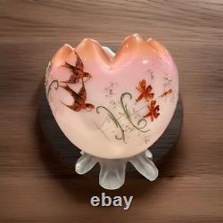 Rare Mt Washington Hand Painted Pink Cased Footed Satin Rose Bowl Glowy 4.5D Rare Mt Washington Hand Painted Pink Cased Footed Satin Rose Bowl Glowy 4.5D