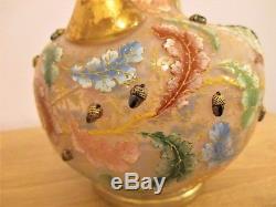 Rare Pink Moser Glass 9 Vase Bird Insects Oak Leaves Acorns Enamelled Bohemian