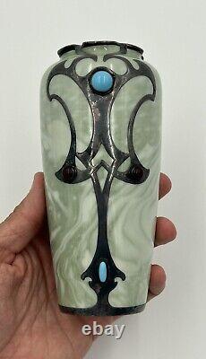 Rare Rosenthal Green Marbled Vase Art Nouveau Sterling Overlay Jeweled C 1900