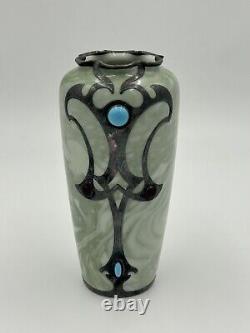 Rare Rosenthal Green Marbled Vase Art Nouveau Sterling Overlay Jeweled C 1900