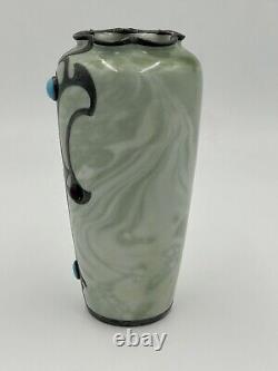 Rare Rosenthal Green Marbled Vase Art Nouveau Sterling Overlay Jeweled C 1900