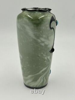 Rare Rosenthal Green Marbled Vase Art Nouveau Sterling Overlay Jeweled C 1900