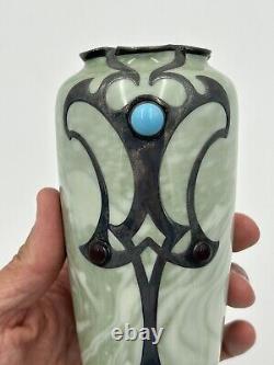 Rare Rosenthal Green Marbled Vase Art Nouveau Sterling Overlay Jeweled C 1900