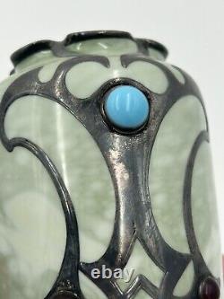 Rare Rosenthal Green Marbled Vase Art Nouveau Sterling Overlay Jeweled C 1900