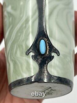 Rare Rosenthal Green Marbled Vase Art Nouveau Sterling Overlay Jeweled C 1900