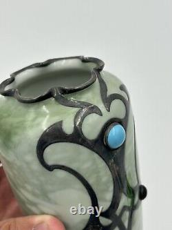 Rare Rosenthal Green Marbled Vase Art Nouveau Sterling Overlay Jeweled C 1900