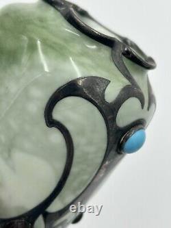 Rare Rosenthal Green Marbled Vase Art Nouveau Sterling Overlay Jeweled C 1900