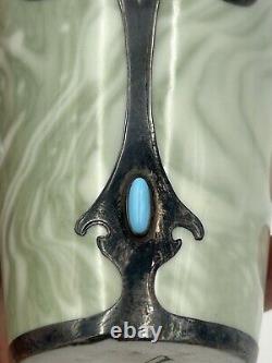 Rare Rosenthal Green Marbled Vase Art Nouveau Sterling Overlay Jeweled C 1900