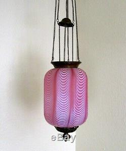 Rare Victorian Cranberry Opalescent Nailsea Art Glass Hanging Hall Lamp