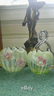 Rare Victorian English Vaseline Pink Opalescent Stripe Thorn Basket Bottle Vase