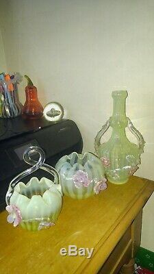 Rare Victorian English Vaseline Pink Opalescent Stripe Thorn Basket Bottle Vase