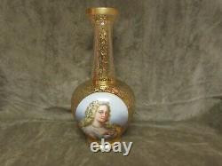 Rare Victorian Moser Art Glass Austria Gilt Portrait Ewer Vase Lovely Blonde