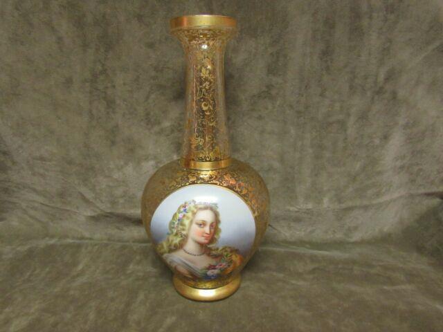 Rare Victorian Moser Art Glass Austria Gilt Portrait Ewer Vase Lovely Blonde