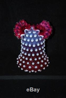 Rare Victorian Phoenix Cranberry Opalescent Hobnail Art Glass Vase 1890's