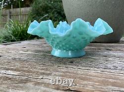 Rare Vintage Fenton Pastel Hobnail Turquoise Ruffle Milk Glass Epergne- MINT