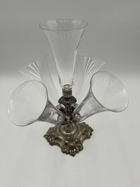 Rare Vintage Victorian Art Deco 5 Cone Flute Glass Vase Silver Plate Base