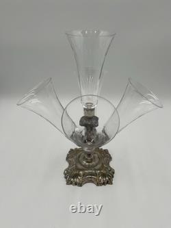 Rare Vintage Victorian Art Deco 5 Cone Flute Glass Vase Silver Plate Base Rare Vintage Victorian Art Deco 5 Cone Flute Glass Vase Silver Plate Base