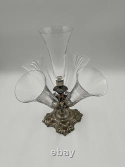 Rare Vintage Victorian Art Deco 5 Cone Flute Glass Vase Silver Plate Base Rare Vintage Victorian Art Deco 5 Cone Flute Glass Vase Silver Plate Base