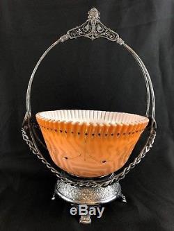 Reed Barton Victorian Orange Art Glass Brides Basket, Ruffle Boarder, Faux wood