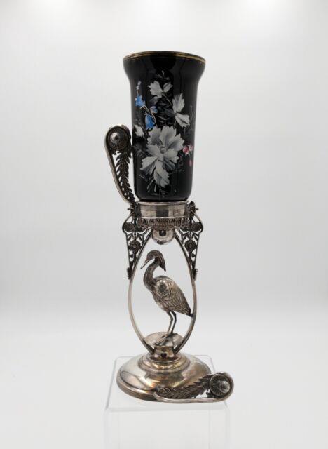 Reed & Barton Victorian Silver Plate Bird Stand With Floral Art Glass Vase (2595)