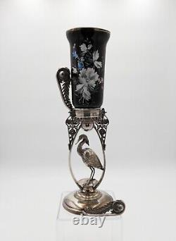 Reed & Barton Victorian Silver Plate Bird Stand with Floral Art Glass Vase (2595)