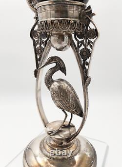 Reed & Barton Victorian Silver Plate Bird Stand with Floral Art Glass Vase (2595)