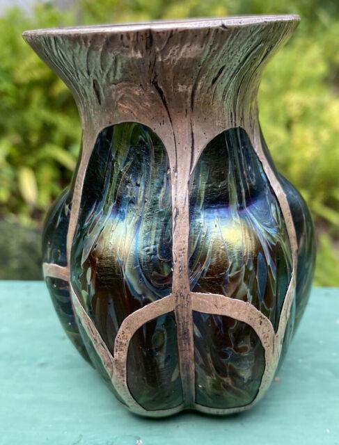 Rindskopf Art Nouveau Iridescent Vase With Heavy Silver Overlay