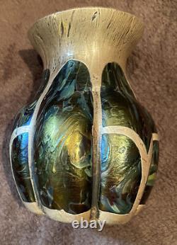 Rindskopf Art Nouveau Iridescent Vase With Heavy Silver Overlay