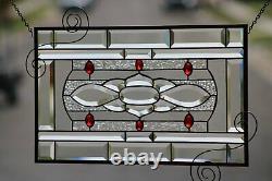 Ruby-Beveled Stained Glass Window Panel- Hanging 23 ½ x 13 ½