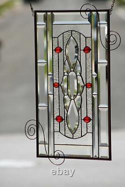 Ruby-Beveled Stained Glass Window Panel- Hanging 23 ½ x 13 ½
