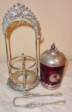 Ruby Red Pickle Castor Cut to Clear Roses Silverplate Stand Tongs Birds Grapes
