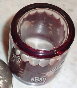 Ruby Red Pickle Castor Cut to Clear Roses Silverplate Stand Tongs Birds Grapes