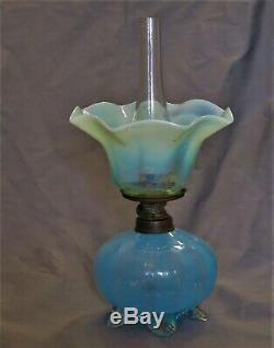 S 526 Blue Opalescent Victorian Antique Miniature Art Glass Oil Lamp UNDAMAGED