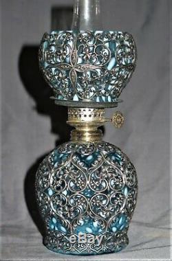 S 526 Blue Opalescent Victorian Antique Miniature Art Glass Oil Lamp UNDAMAGED