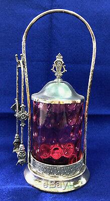S18 Antique Pickle Castor With Tongs Thumb Print Cranberry Glass Tufts Frame
