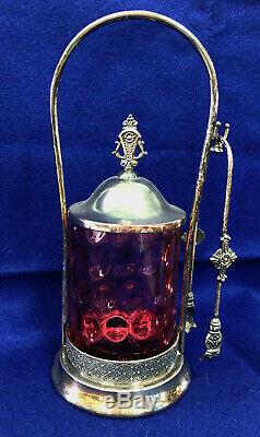 S18 Antique Pickle Castor With Tongs Thumb Print Cranberry Glass Tufts Frame