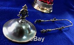 S18 Antique Pickle Castor With Tongs Thumb Print Cranberry Glass Tufts Frame