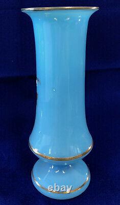 S21 Pair Antique Victorian Bristol Enamel & Painted Bird & Flowers Blue Vases