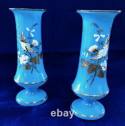 S21 Pair Antique Victorian Bristol Enamel & Painted Bird & Flowers Blue Vases
