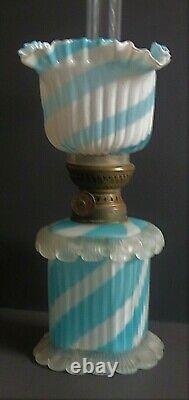 SII-XV Victorian Antique Rare Art Glass Footed Miniature Oil Lamp Shell-Rigaree