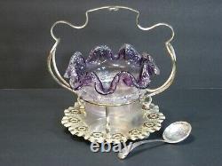 STEVENS & WILLIAMS AMETHYST ART GLASS THREADED BOWL IN SILVERPLATED STAND 1880's