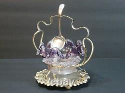 STEVENS & WILLIAMS AMETHYST ART GLASS THREADED BOWL IN SILVERPLATED STAND 1880's