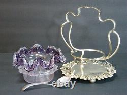 STEVENS & WILLIAMS AMETHYST ART GLASS THREADED BOWL IN SILVERPLATED STAND 1880's